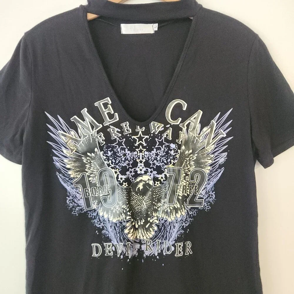 Choker Neck T-Shirt Dress‎ Black American Devil Rider Born Free Biker Goth Large